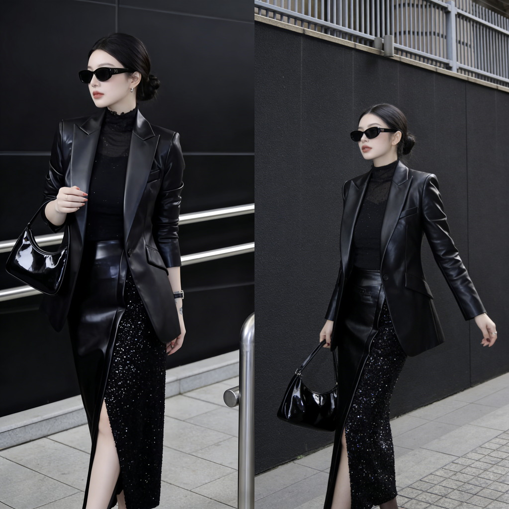 Wash Effect Set - Slimming Effect Black Washed Leather Suit