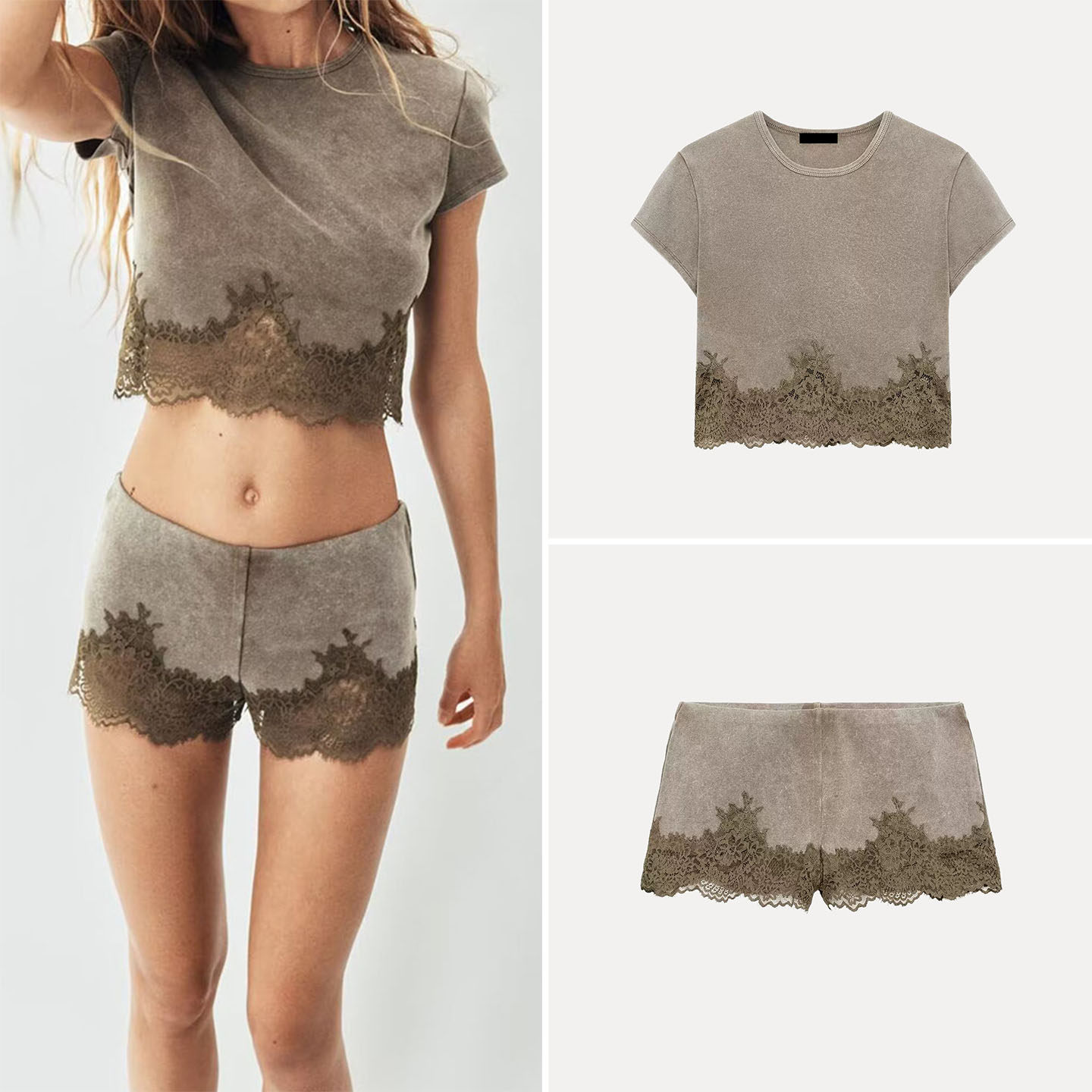 Womens Short Sleeve Lace Trim  - Wash Effect Set avis et prix