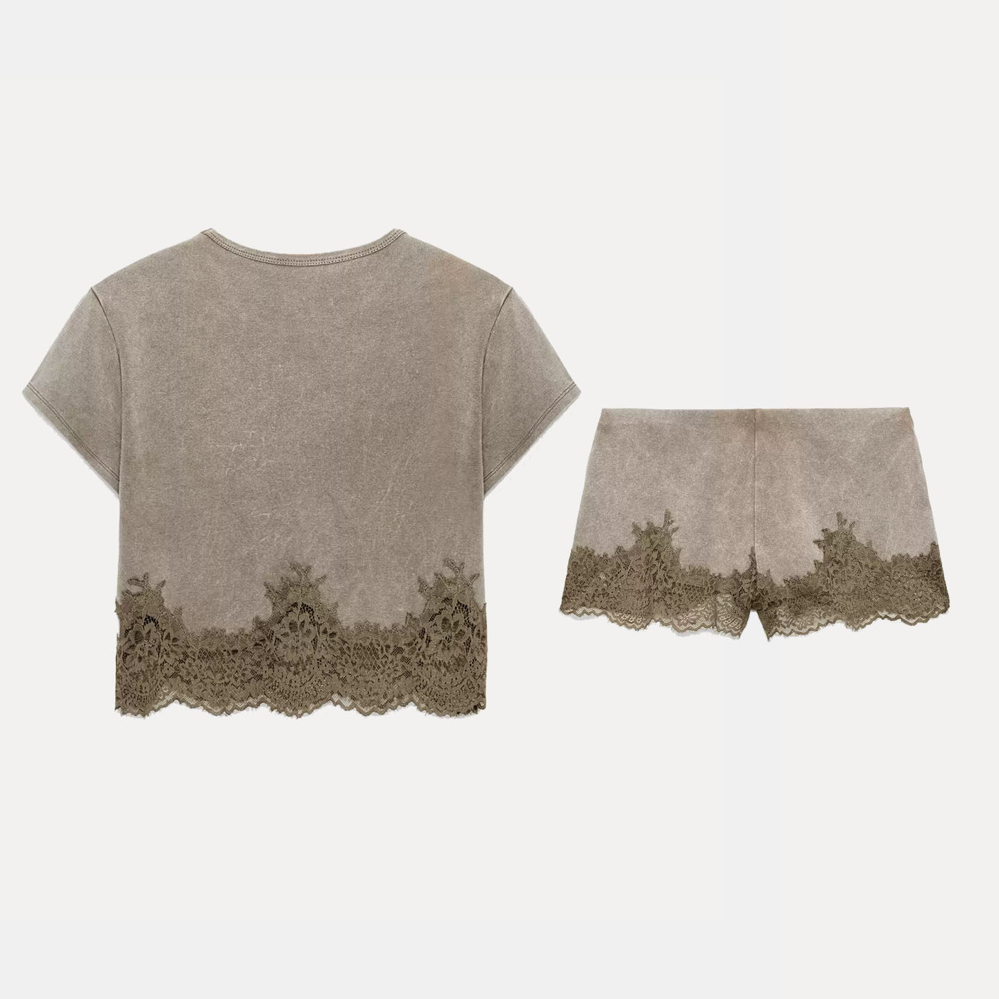 Womens Short Sleeve Lace Trim  - Wash Effect Set avis et prix